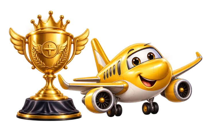 A golden wing trophy beside a celebrating airplane