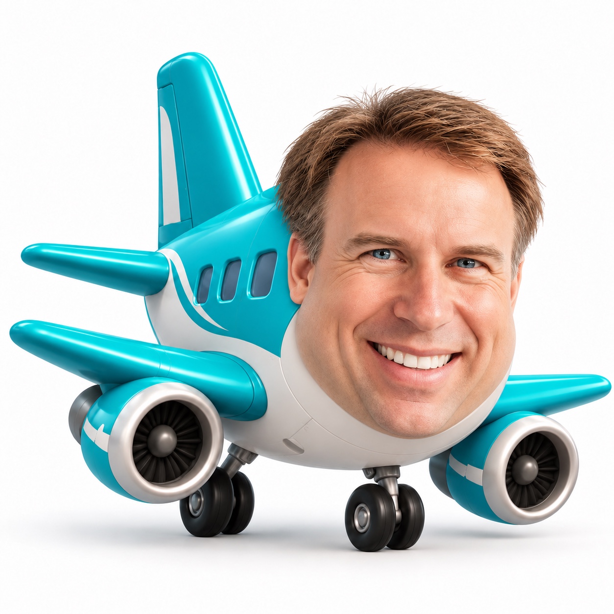 A smiling human-faced teal cartoon airplane